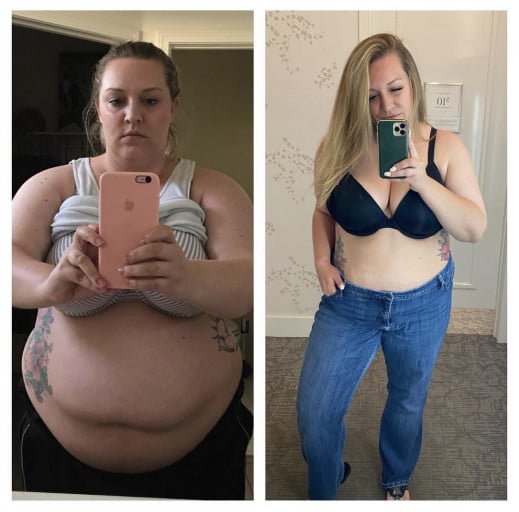 A before and after photo of a 5'7" female showing a weight reduction from 310 pounds to 220 pounds. A total loss of 90 pounds.