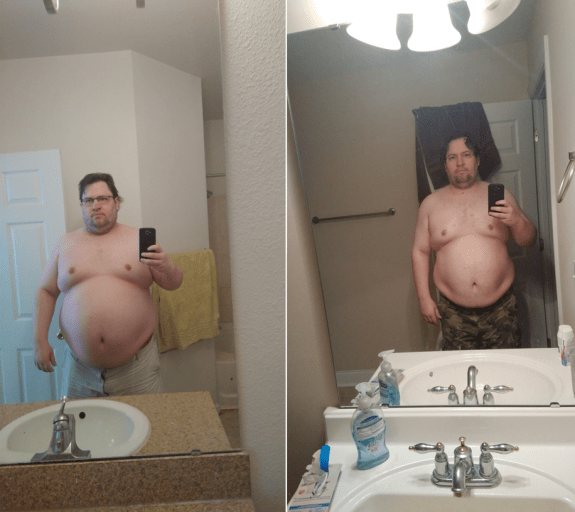 A before and after photo of a 5'10" male showing a weight reduction from 360 pounds to 280 pounds. A total loss of 80 pounds.