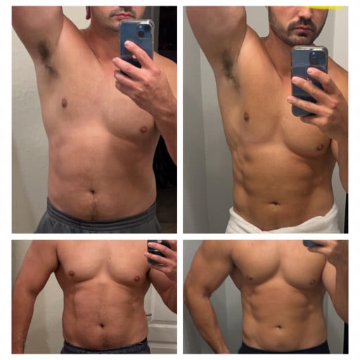 A progress pic of a 6'0" man showing a fat loss from 218 pounds to 195 pounds. A total loss of 23 pounds.