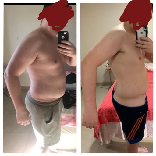 A before and after photo of a 5'4" male showing a weight reduction from 278 pounds to 235 pounds. A net loss of 43 pounds.