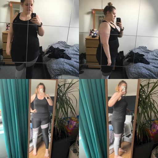 A progress pic of a 5'10" woman showing a fat loss from 270 pounds to 231 pounds. A net loss of 39 pounds.