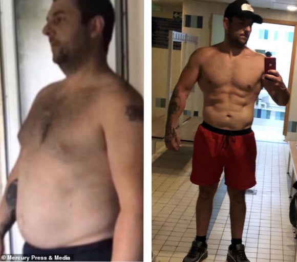 A before and after photo of a 5'9" male showing a weight reduction from 238 pounds to 188 pounds. A total loss of 50 pounds.