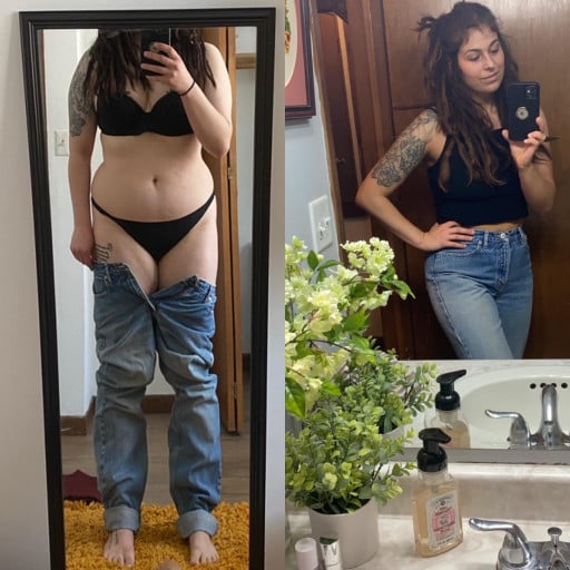 A photo of a 5'7" woman showing a weight cut from 187 pounds to 140 pounds. A net loss of 47 pounds.