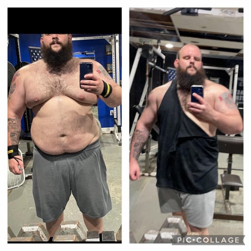 A progress pic of a 5'11" man showing a fat loss from 335 pounds to 298 pounds. A net loss of 37 pounds.