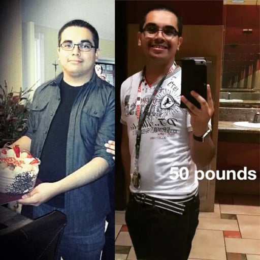 A before and after photo of a 5'6" male showing a weight reduction from 197 pounds to 145 pounds. A total loss of 52 pounds.