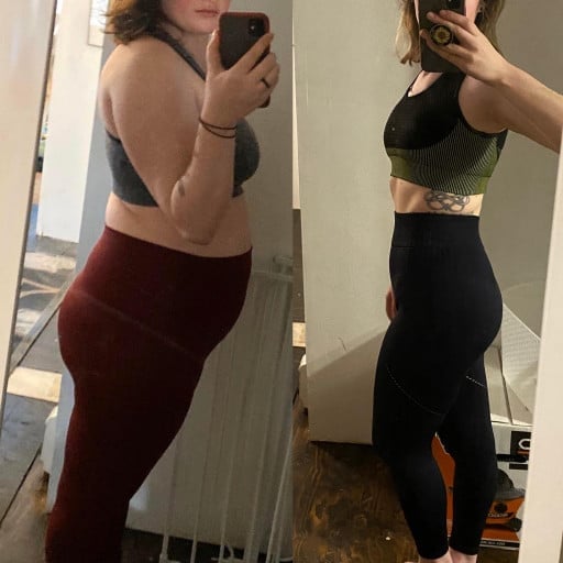 A progress pic of a 5'6" woman showing a fat loss from 210 pounds to 140 pounds. A net loss of 70 pounds.