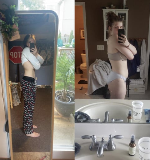 A before and after photo of a 5'4" female showing a weight reduction from 185 pounds to 144 pounds. A respectable loss of 41 pounds.