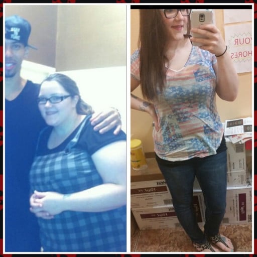 A picture of a 5'4" female showing a weight loss from 260 pounds to 165 pounds. A net loss of 95 pounds.