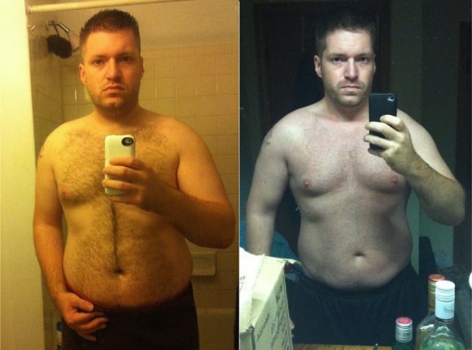 A progress pic of a 5'8" man showing a fat loss from 245 pounds to 195 pounds. A respectable loss of 50 pounds.
