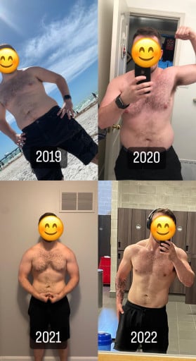 A before and after photo of a 5'8" male showing a weight reduction from 225 pounds to 180 pounds. A respectable loss of 45 pounds.