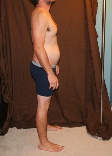 A before and after photo of a 5'8" male showing a snapshot of 175 pounds at a height of 5'8