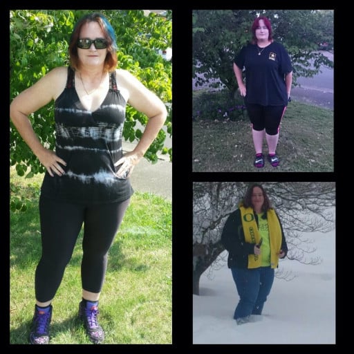 A picture of a 5'6" female showing a weight loss from 292 pounds to 199 pounds. A net loss of 93 pounds.
