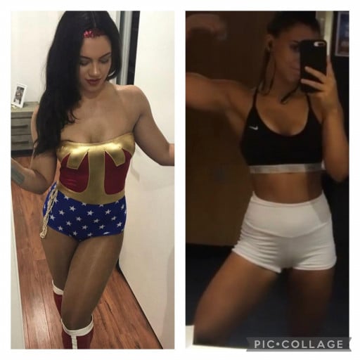 A before and after photo of a 5'6" female showing a weight reduction from 140 pounds to 125 pounds. A net loss of 15 pounds.