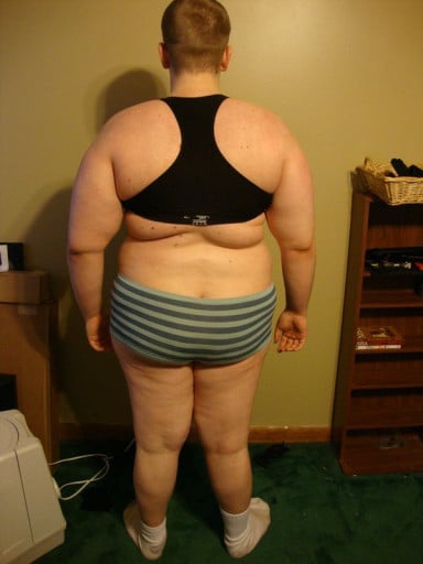A before and after photo of a 5'11" female showing a snapshot of 242 pounds at a height of 5'11