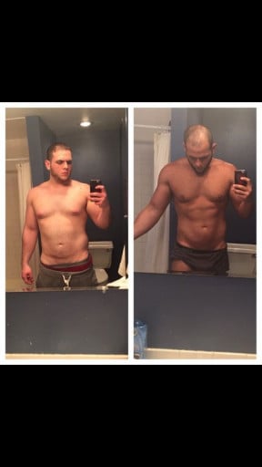 A picture of a 6'1" male showing a weight loss from 255 pounds to 217 pounds. A total loss of 38 pounds.