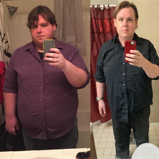 A before and after photo of a 5'11" male showing a weight reduction from 380 pounds to 280 pounds. A net loss of 100 pounds.