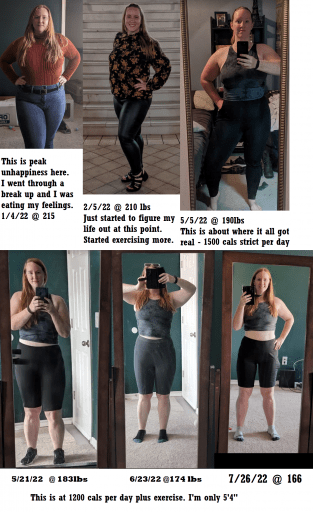 A picture of a 5'4" female showing a weight loss from 215 pounds to 166 pounds. A total loss of 49 pounds.