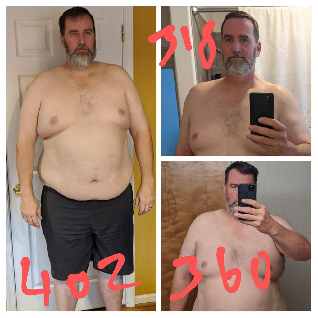 84 lbs Fat Loss 6 foot 3 Male 402 lbs to 318 lbs
