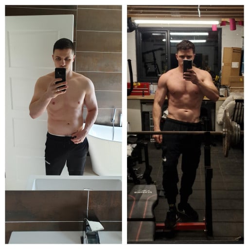 A before and after photo of a 5'10" male showing a weight reduction from 184 pounds to 180 pounds. A respectable loss of 4 pounds.