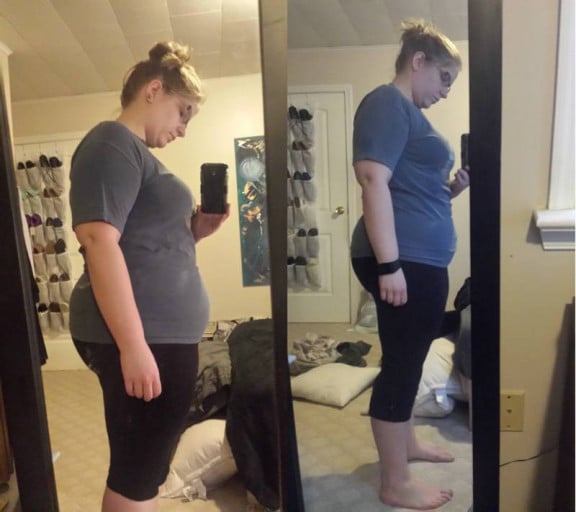 A before and after photo of a 5'4" female showing a weight reduction from 237 pounds to 223 pounds. A respectable loss of 14 pounds.