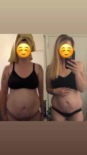 A photo of a 5'5" woman showing a weight cut from 180 pounds to 165 pounds. A total loss of 15 pounds.