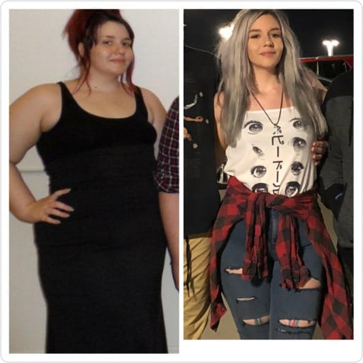 A before and after photo of a 5'7" female showing a weight reduction from 280 pounds to 180 pounds. A total loss of 100 pounds.