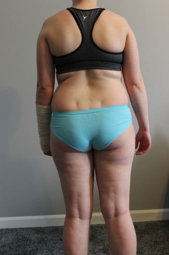 A before and after photo of a 5'2" female showing a snapshot of 141 pounds at a height of 5'2