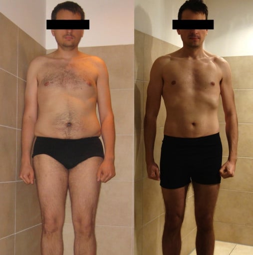 A before and after photo of a 6'1" male showing a weight reduction from 205 pounds to 167 pounds. A total loss of 38 pounds.