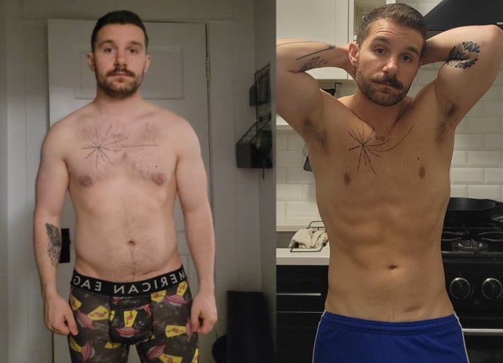 A progress pic of a 5'9" man showing a fat loss from 188 pounds to 163 pounds. A respectable loss of 25 pounds.