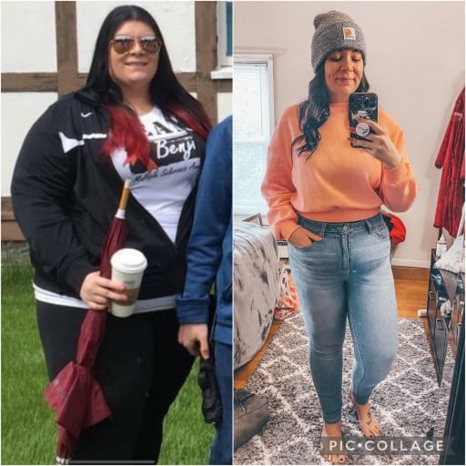 A before and after photo of a 5'5" female showing a weight reduction from 384 pounds to 188 pounds. A total loss of 196 pounds.