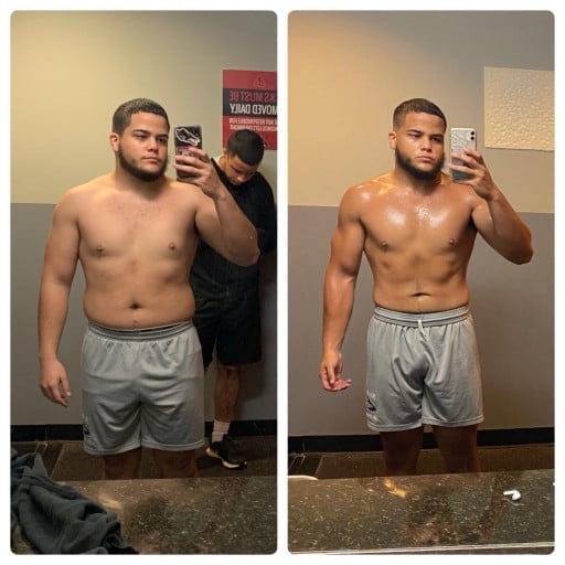 A progress pic of a 5'5" man showing a fat loss from 198 pounds to 176 pounds. A net loss of 22 pounds.