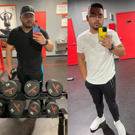 A progress pic of a 5'7" man showing a fat loss from 243 pounds to 183 pounds. A respectable loss of 60 pounds.