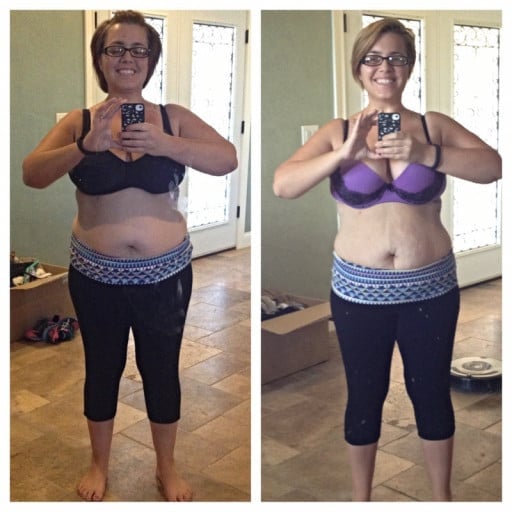 A before and after photo of a 5'0" female showing a weight cut from 180 pounds to 164 pounds. A total loss of 16 pounds.
