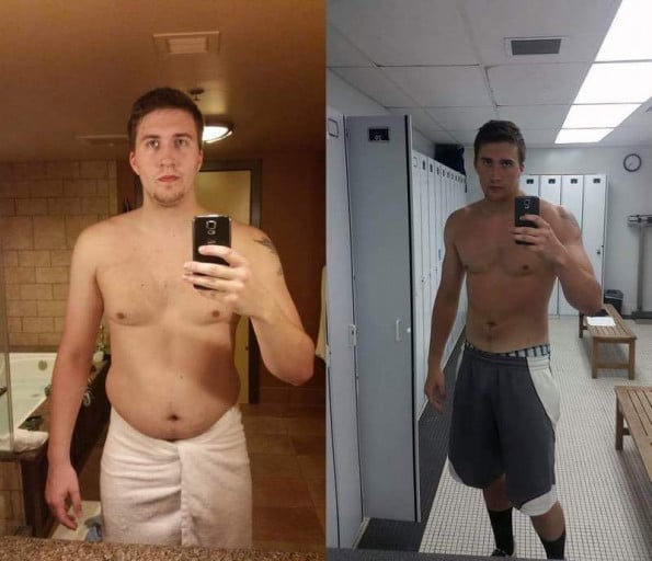A before and after photo of a 6'5" male showing a weight reduction from 240 pounds to 205 pounds. A net loss of 35 pounds.
