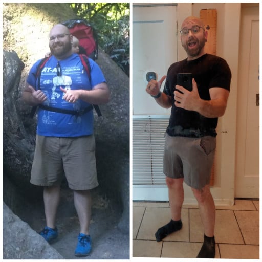 A before and after photo of a 6'1" male showing a weight reduction from 315 pounds to 225 pounds. A total loss of 90 pounds.