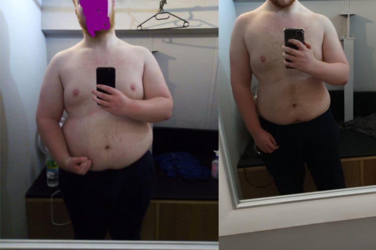 A before and after photo of a 6'2" male showing a weight reduction from 304 pounds to 239 pounds. A total loss of 65 pounds.