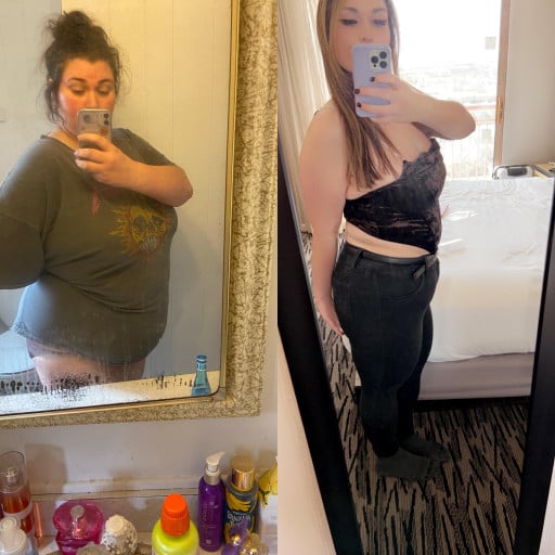 A progress pic of a 5'5" woman showing a fat loss from 340 pounds to 190 pounds. A total loss of 150 pounds.