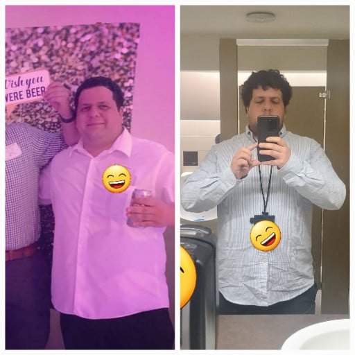 A before and after photo of a 5'8" male showing a weight reduction from 287 pounds to 238 pounds. A net loss of 49 pounds.