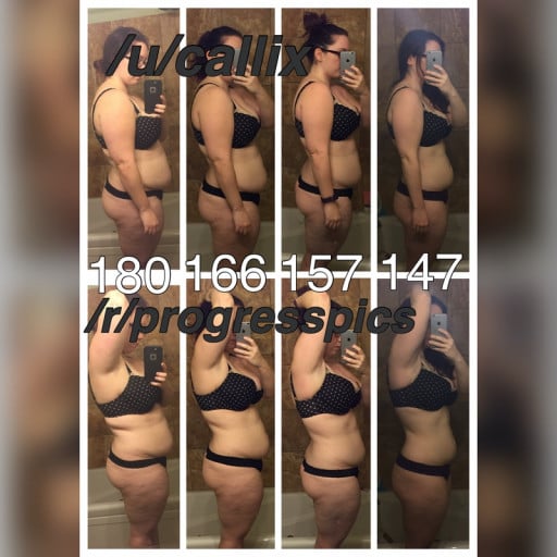 A before and after photo of a 5'1" female showing a weight loss from 180 pounds to 147 pounds. A respectable loss of 33 pounds.