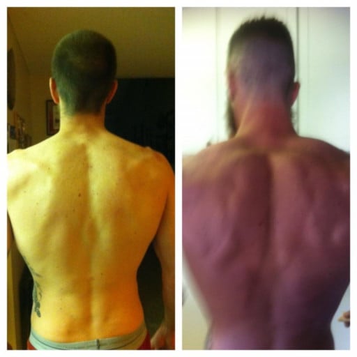 A picture of a 6'0" male showing a muscle gain from 155 pounds to 190 pounds. A total gain of 35 pounds.
