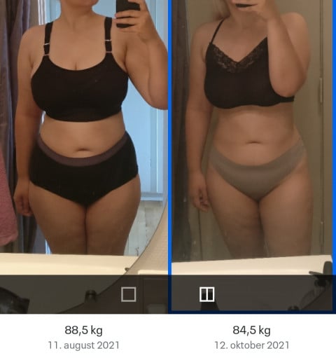 A before and after photo of a 5'7" female showing a weight reduction from 195 pounds to 186 pounds. A total loss of 9 pounds.