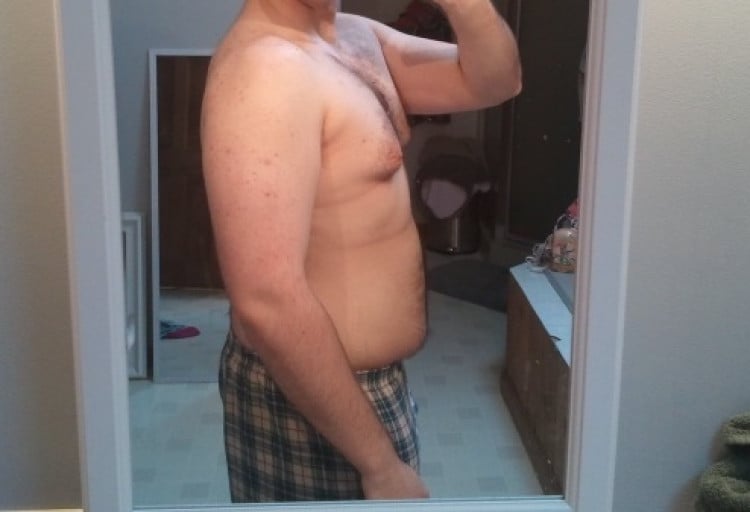 A progress pic of a 5'10" man showing a weight loss from 250 pounds to 180 pounds. A respectable loss of 70 pounds.
