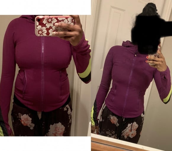 A picture of a 5'4" female showing a weight loss from 139 pounds to 105 pounds. A total loss of 34 pounds.