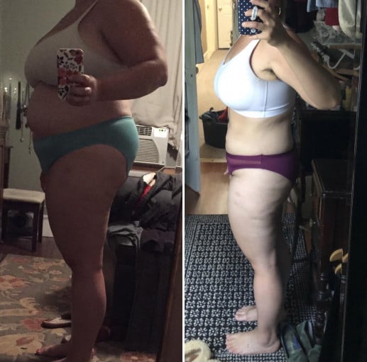 A progress pic of a 5'1" woman showing a fat loss from 229 pounds to 158 pounds. A respectable loss of 71 pounds.