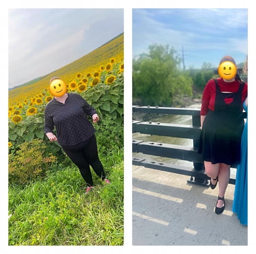 A before and after photo of a 5'8" female showing a weight reduction from 326 pounds to 246 pounds. A net loss of 80 pounds.