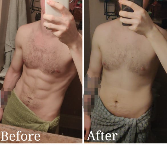 A progress pic of a 5'7" man showing a muscle gain from 145 pounds to 175 pounds. A total gain of 30 pounds.