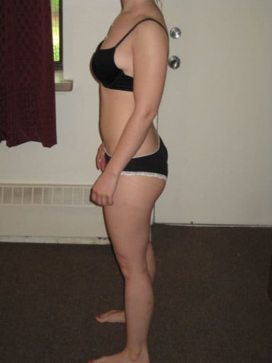 A before and after photo of a 5'2" female showing a snapshot of 120 pounds at a height of 5'2