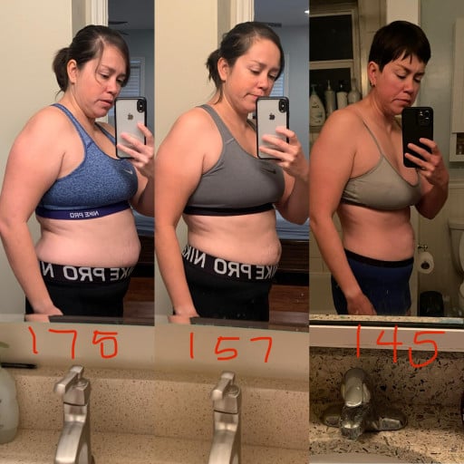 A progress pic of a 5'6" woman showing a fat loss from 175 pounds to 145 pounds. A respectable loss of 30 pounds.