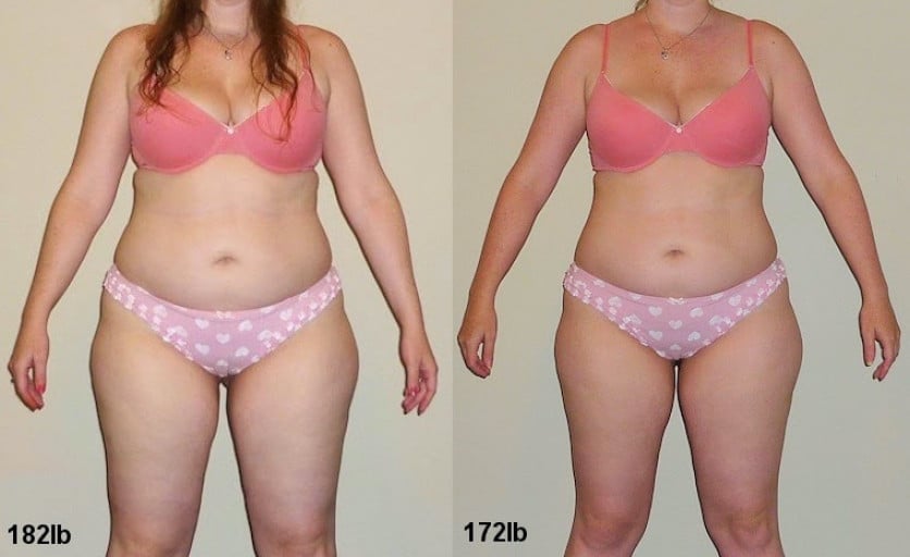 A picture of a 5'5" female showing a weight loss from 182 pounds to 172 pounds. A total loss of 10 pounds.