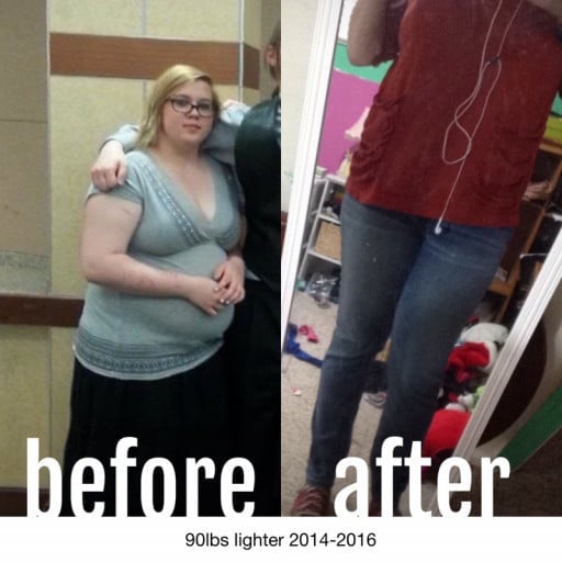 A picture of a 5'5" female showing a weight loss from 280 pounds to 190 pounds. A respectable loss of 90 pounds.